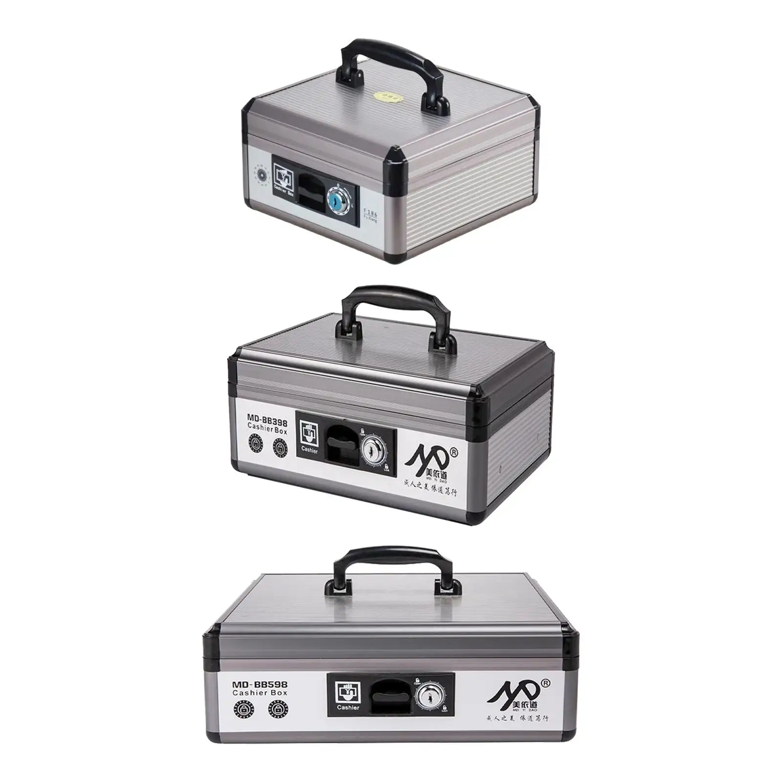 Aluminum Alloy Cash Box with Lock and Tray Portable Waterproof 2 Tier Money Saving Organizer Box for Small Businesses Supermarke