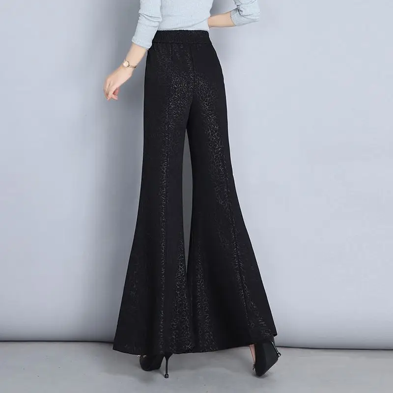 Temperament Vintage Autumn Winter New Fashion Pants Women Elastic Waist Solid Pocket Office Lady Slim High Waist Flared Trousers