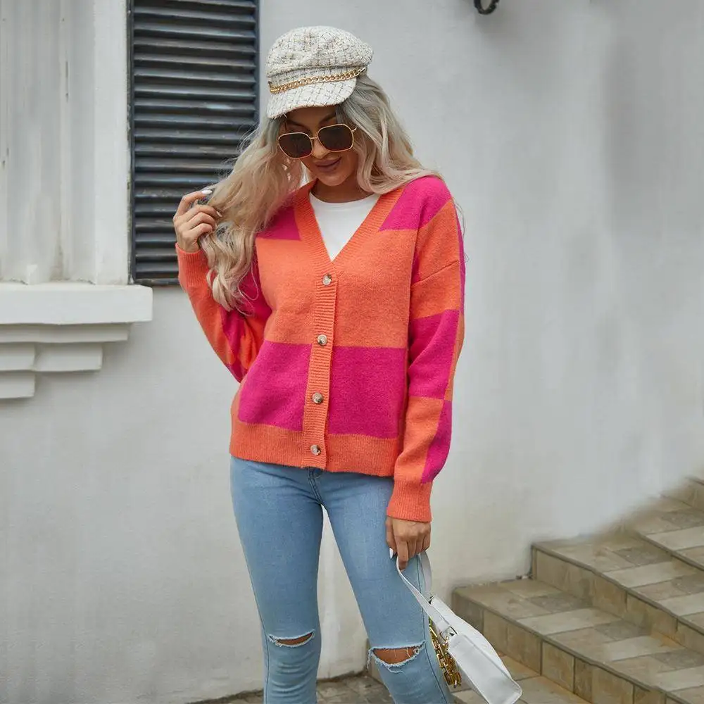 Spring 2023 Women's Knitted Cardigan Sweater Plaid Patchwork Long Sve Outerwear Cross-Border Faion Ladies' Premium Knitwear