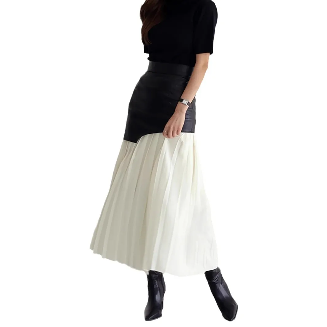 Casualowa spódnica patchworkowa z PU dla kobiet, z wysokim stanem, midi, plisowana, damska, modny styl odzieżowy na wiosnę 2025.