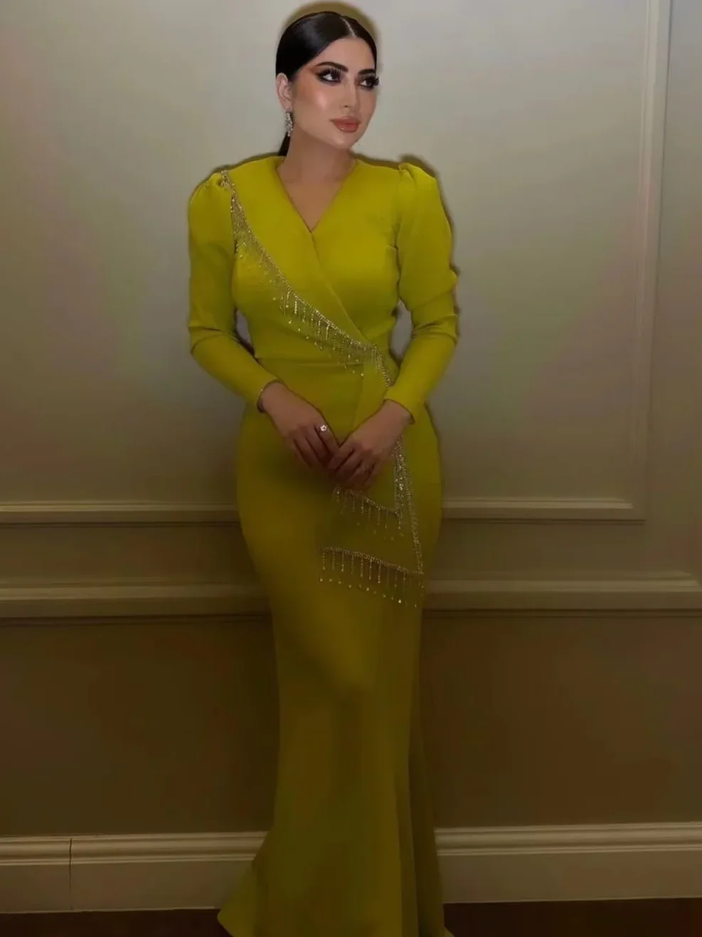Oisslec Dress Elegant Vintage Sweet Yellow Crystal Beads Mermaid V-Neck Customize Formal Occasion Prom Dress Evening Party Gowns