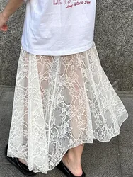 Women's Lace Long Skirts Elegant Sexy Low Waist Solid Color See-Through Midi Skirts Chic Slim Fit White Skirts 2000s Streetwear