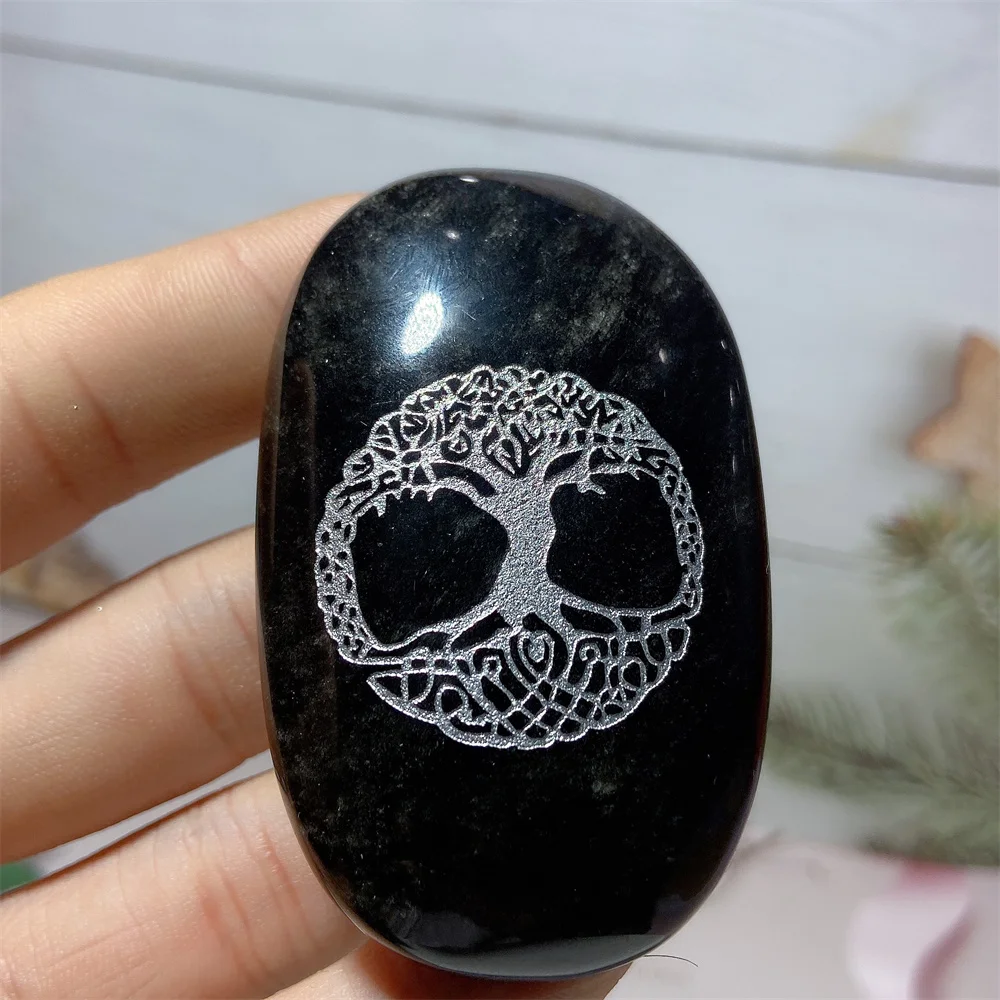 

Natural Crystal Black Obsidian Palm Tree Hexagram Energy Home Decoration Ornament Souvenirs Gift