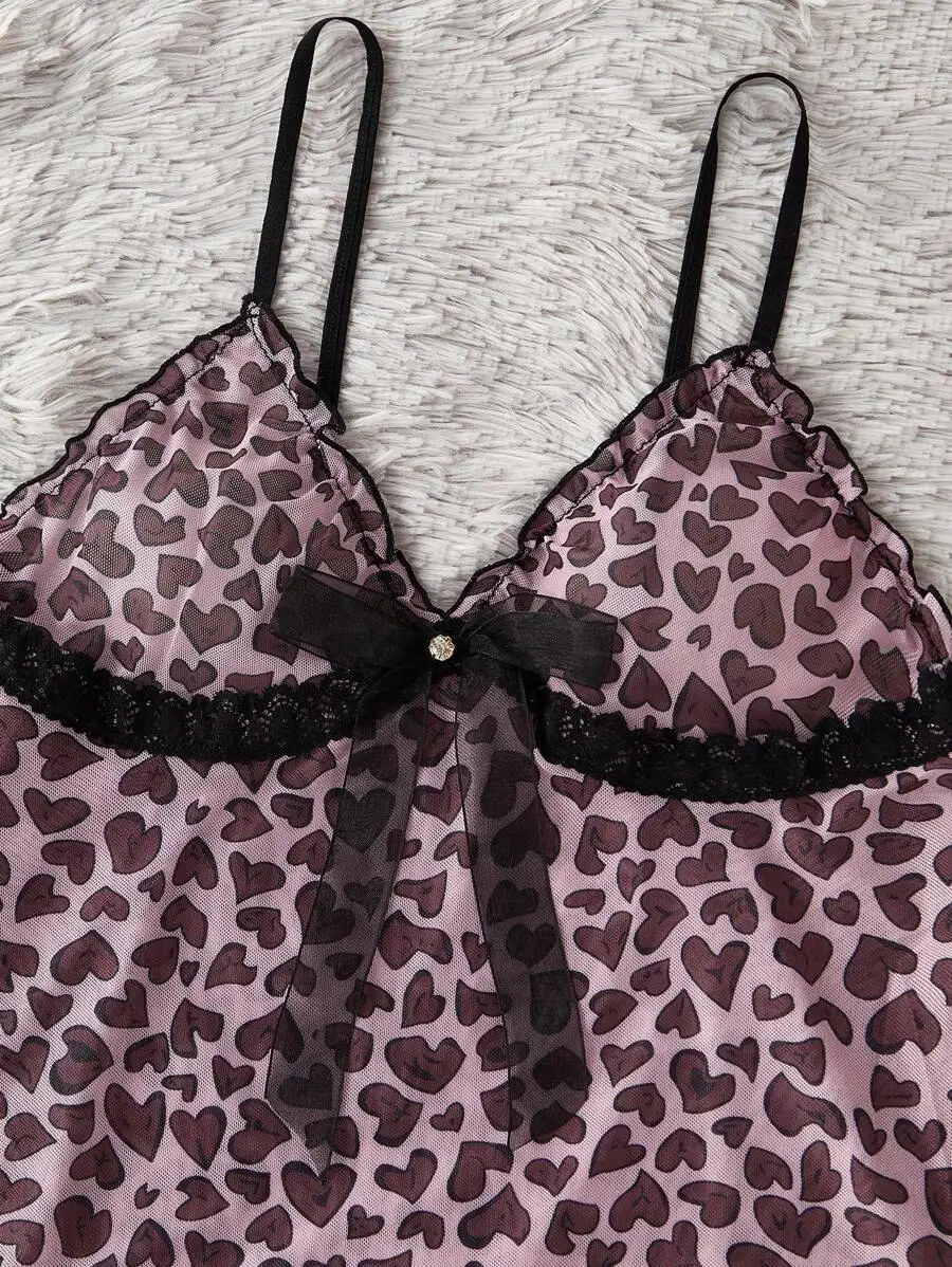 

Womens Sexy Leopard Heart Print Lace Trim Camisole Sleep Top