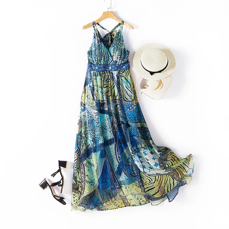 

Women's Fashion Silk Floral Dresses 24 Spring Summer Ladies Sexy Office Work Daily Beachwear Fairy Dress Blue Bohimiya Flower