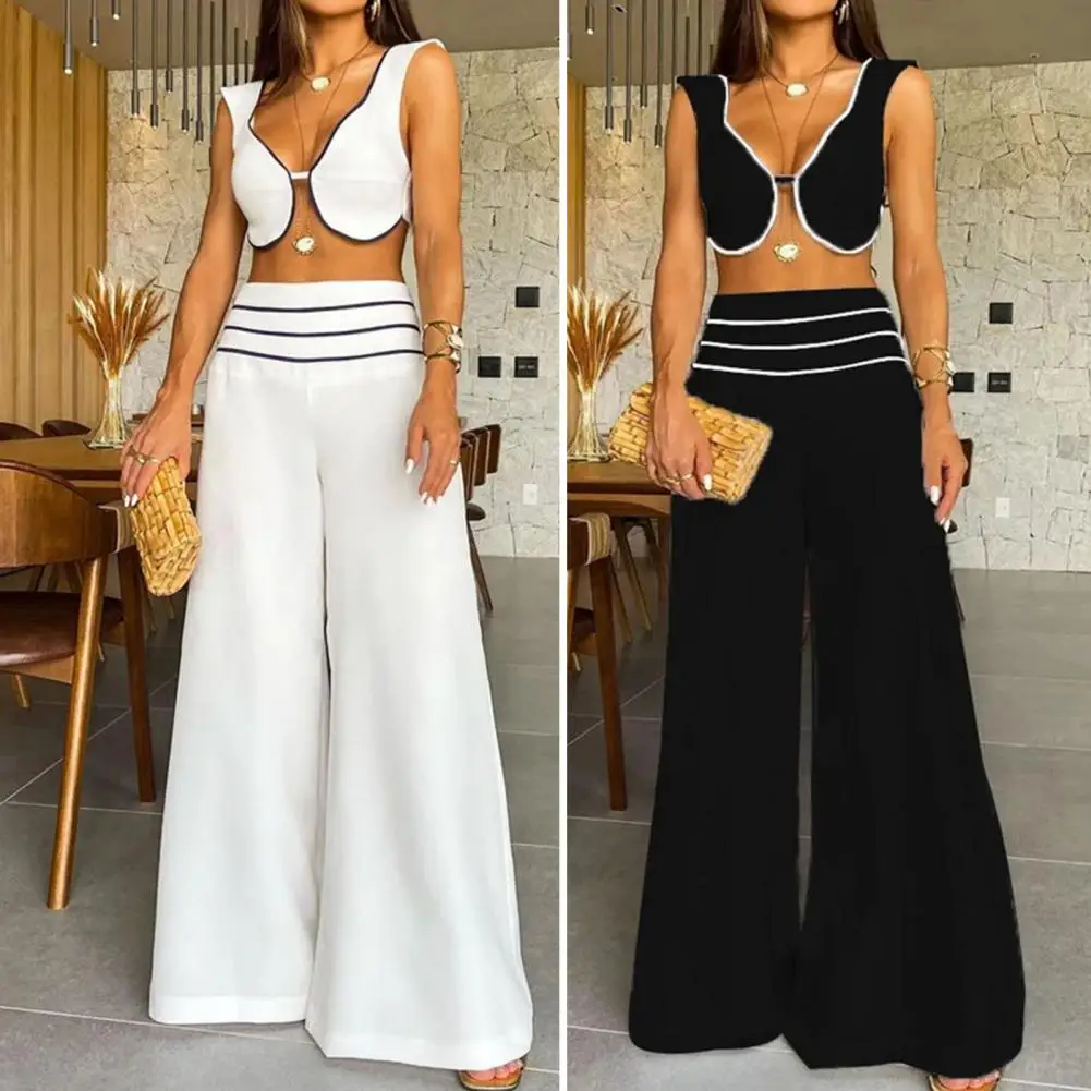 

Women Suit Women's Crop Top Wide Leg Pants Set for Summer Commute V Neck Striped Solid Color Outfit with High Waist Culottes