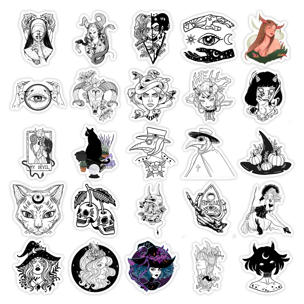 10/25/50Pcs Vintage Gothic Style Black and White Stickers Cool Art Style Waterproof PVC DIY Laptop Luggage Guitar Skateboard