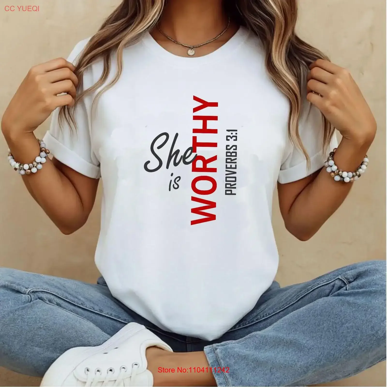 She Is Worthy Proverbs 3 1 T Shirt Women Christian Christians Girly vintage Washed Stretched Casual Comfortable Unisex graphic