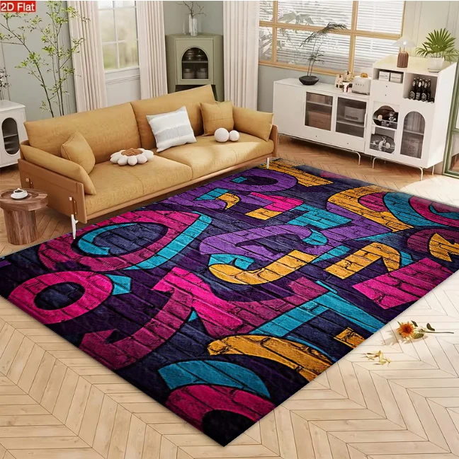 Colorful Graffiti Brick Wall Carpet Flooring, Street Art Non-Slip Floor Rug for Living Room Teen Bedroom Home Decoration