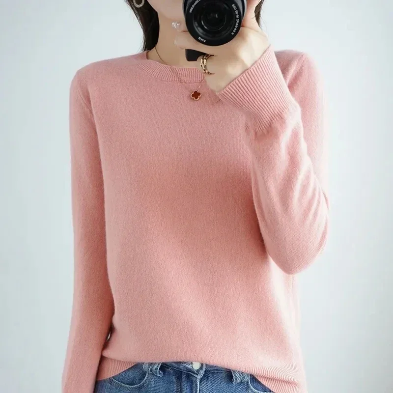Suéteres jersey de cuello redondo para mujer mantiene el calor mangas largas camisa de fondo de Color sólido Otoño Invierno estilo de desplazamiento de Cachemira