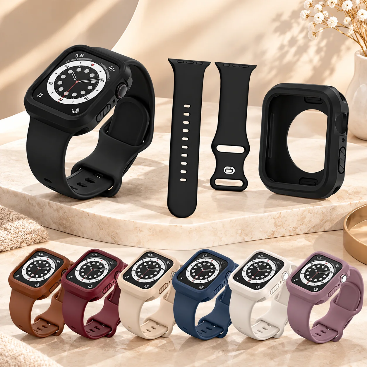 Uhrenarmband + Uhrengehäuse für Apple Watch 40/41/44/45/42/46 mm, weiches und bequemes Silikon-iWatch-Set, für die Modelle Series 11, 10, 9, 8, 7, 6, 5, 4, SE.