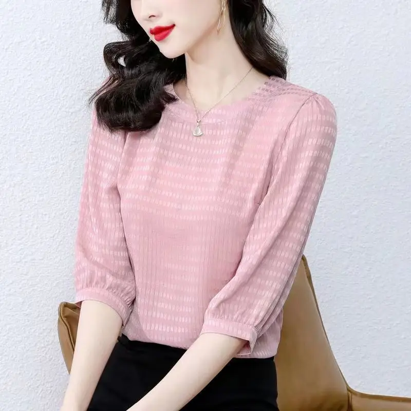 Elegante blusa monocromática de chiffon feminina, dobra com tudo, pulôveres casuais extragrandes, camisa de senhora do escritório, roupas de verão,