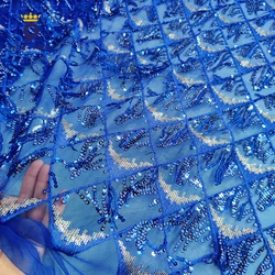 2023 Dazzling Design Royal Blue Sequined Voile Fabric Indian Nigerian Sequins Net Mesh Laces For Noble Lady Evening Party Sewing