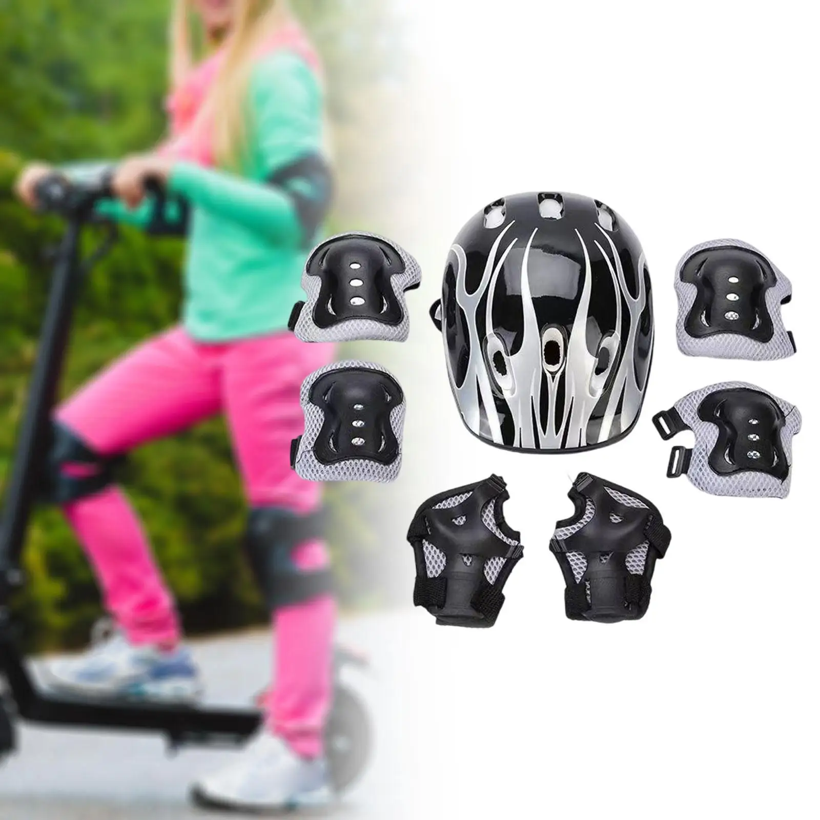 

7Pcs Kids Bike Helmet Cap Shockproof Portable with Knee Elbow Wrist Pad for Boys Girls Skating Skateboard Kids Roller Skate