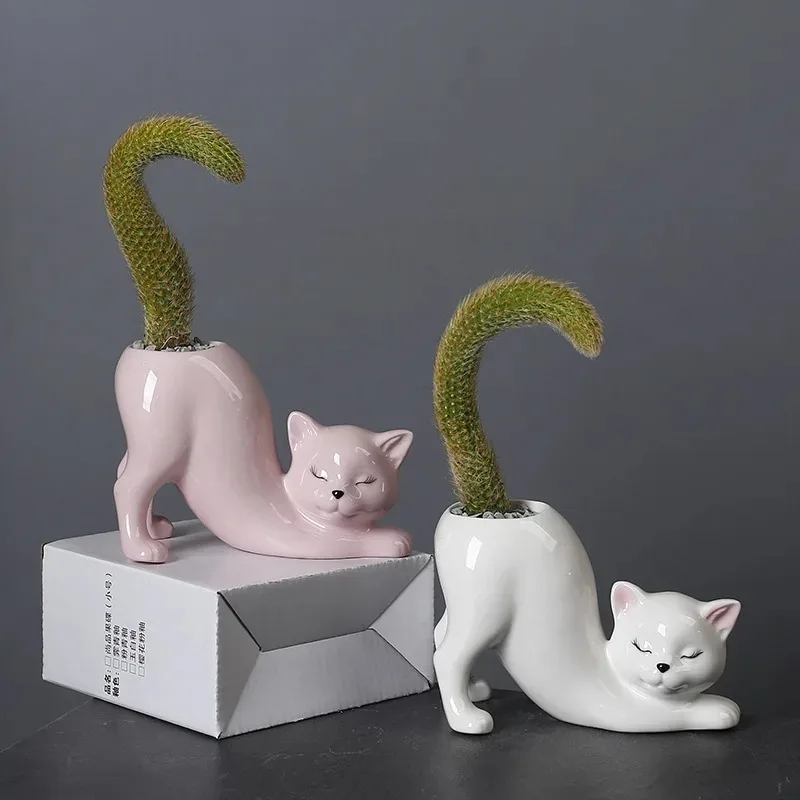 Creative Cute Cat Shaped Ceramic Planter, Cute Animal Succulent Cactus Pot for Home Garden Office Desk Decor