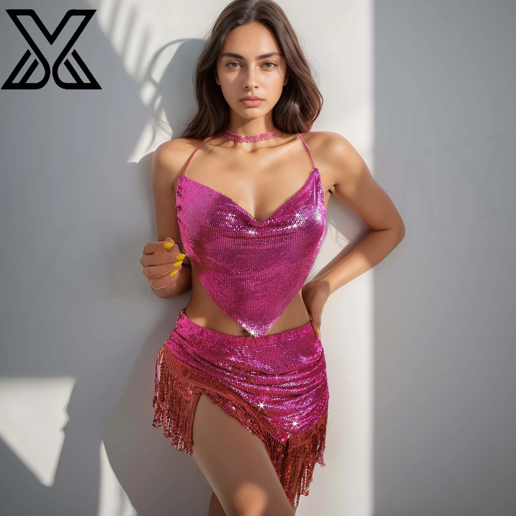 

XMJXMY Пляжное бикини с металлическими пайетками и сексуальным пляжным топом, открытой спиной, подвесом на шее, купальником на подтяжках