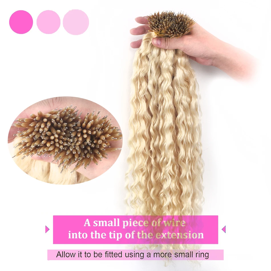 Nano Rings Hair Extensions Real Human Hair Water Wave Platinum 60# Fusion Micro Beads Curly Hair 0.8g/Pc Microlinks Natural Hair