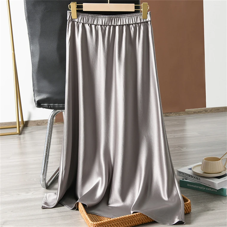 Solid Satin Long Skirts for Women 2026 Spring Summer Casual All-match Big Hem A Line Skirts High Waist Maxi Skirt Female Clothes