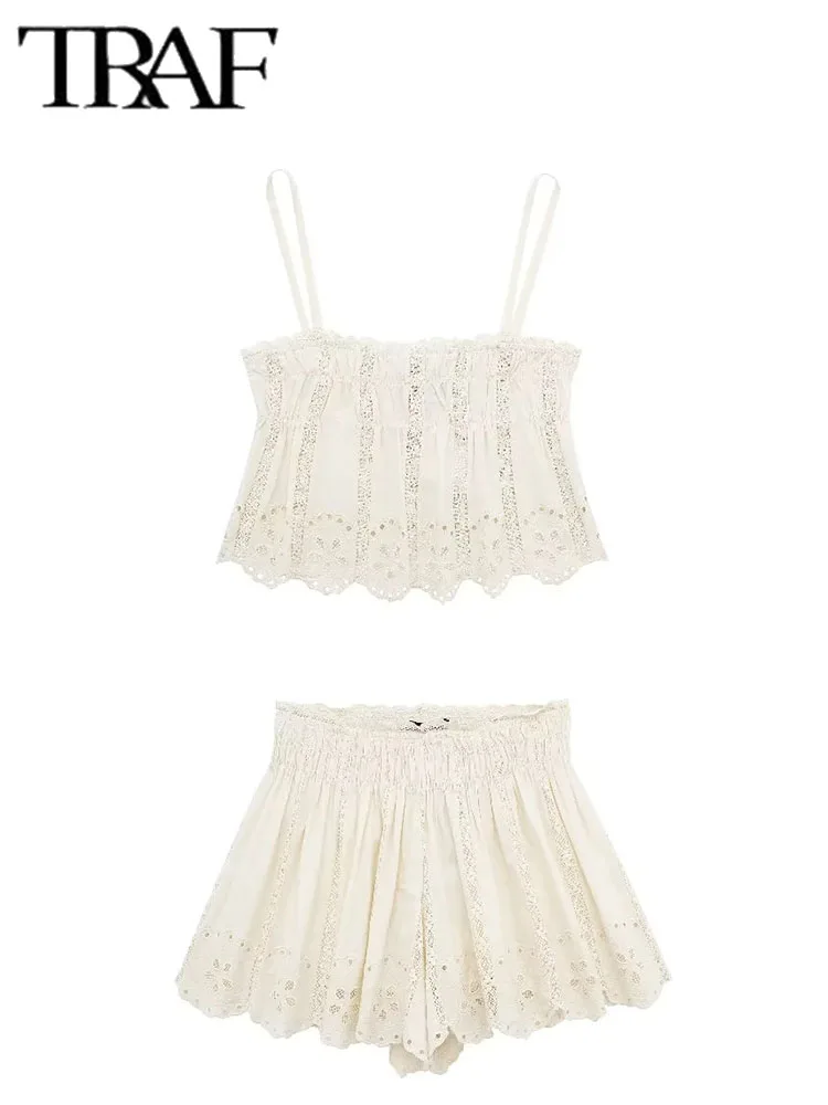 TRAF Summer Woman 2 Pieces Shorts Sets 2024 New Fashion Embroidered Suspender Top Women Suit Two Piece Set Women Outfit