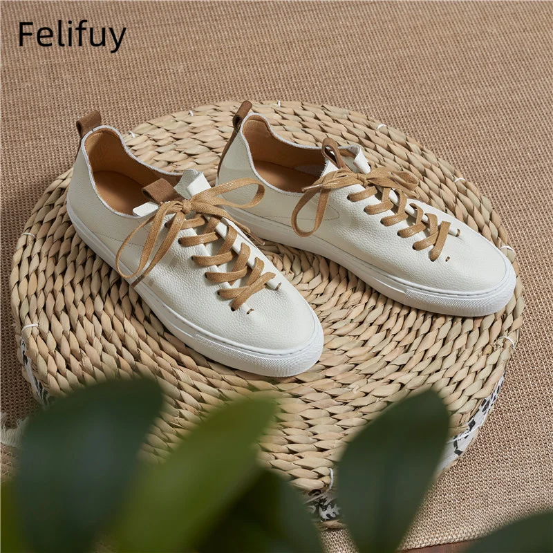 

Cow Genuine Leather Casual Shoes for Men Lace Up Round Toe Sneakers Comfortable Flats Round Toe Spring Autumn White Single Shoes