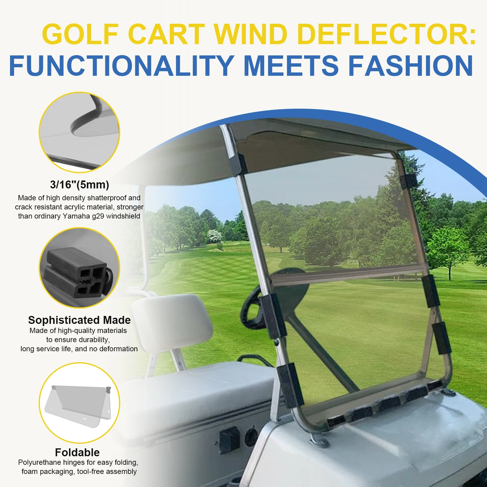 

Anti-UV Foldable Golf Cart Windshield Replacement, Glare Reduction Wind Deflector & All-Season Accessory