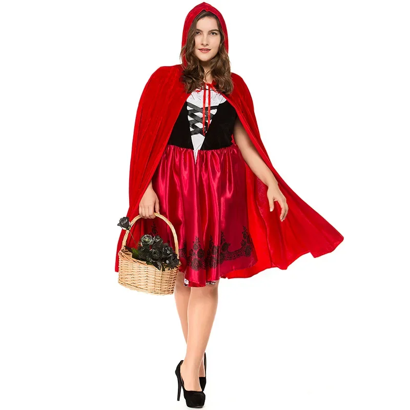 Umorden Halloween Purim Carnival Party Women Little Red Riding Hood Costumes Plus Size S-3XL Fancy Fairy Tale Cosplay Midi Dress