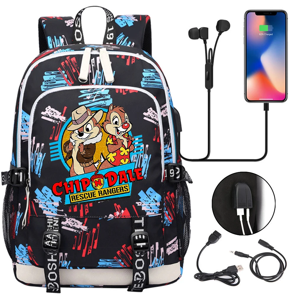 Cartoon Chip n Dale Laptop Backpacks Student USB Charging Backpack Famale Colorful Print Rucksack Travel Bag Mochila