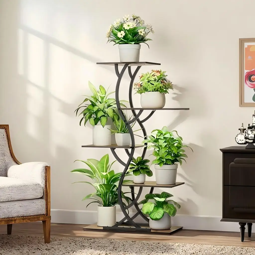 

Простая и элегантная 5-ярусная подставка для цветов из дерева и металла для нескольких растений в горшках, для дома и сада