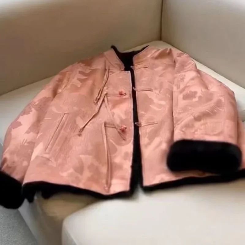 

Модная розовая куртка в китайском стиле, женская осенне-зимняя новая жаккардовая куртка с рукавами-стойкой и воротником-стойкой, атласная хлопковая верхняя одежда