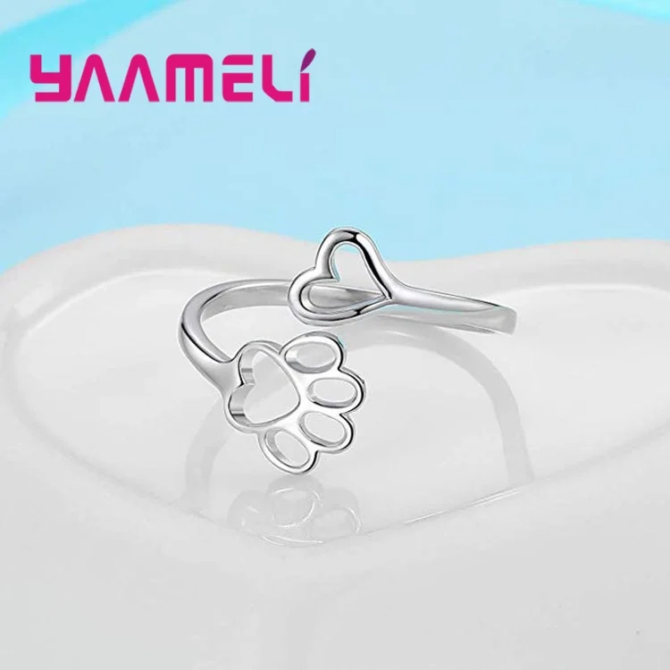 

Creative 925 Sterling Silver Dog Cat Footprints Opening Adjustable Finger Rings for Men Women Wedding Party Fashion Jewelry Gift