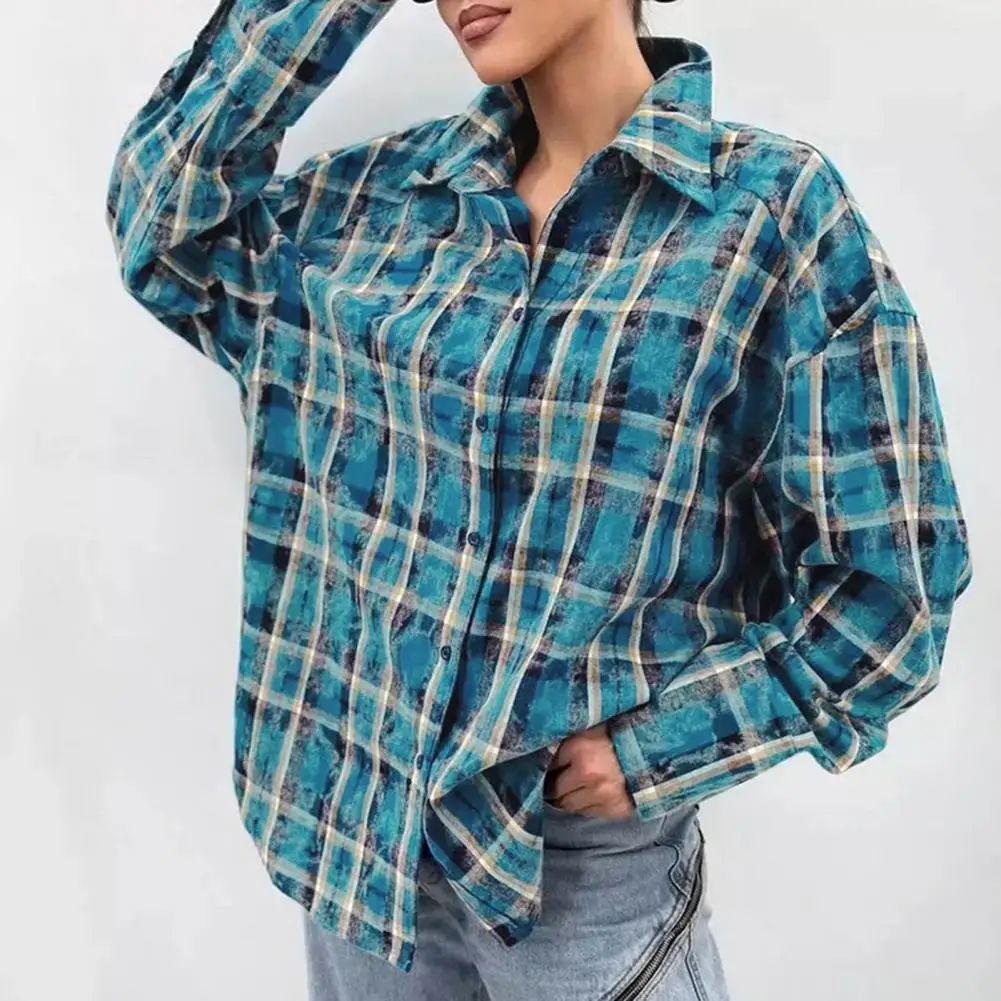 Camisa informal con estampado a cuadros para mujer, chaqueta elegante para uso diario, solapa de manga larga Retro, Primavera