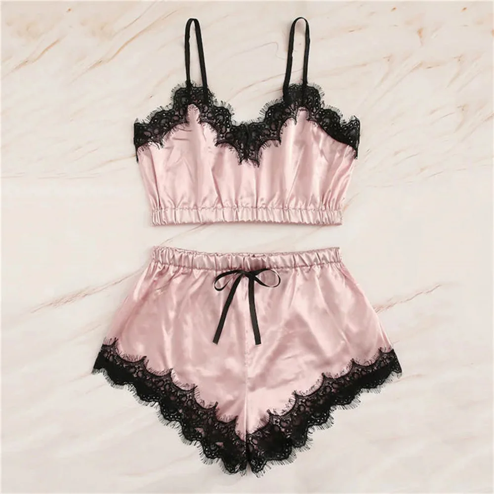 Women Pajama Suit Fashion V-Neck Lace Stretch Satin Babydoll Lace Sexy Lingerie Bowknot Pyjamas Sleep Shorts Set Sleepwear New