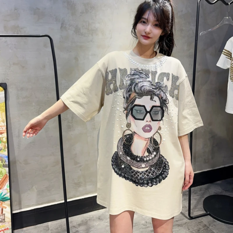 

High Quality Trendy Hot Drilling Women T-shirt Luxury Diamonds Loose O-neck Pullover Top Elegant Mid-long Short Sleeve Tee Dress