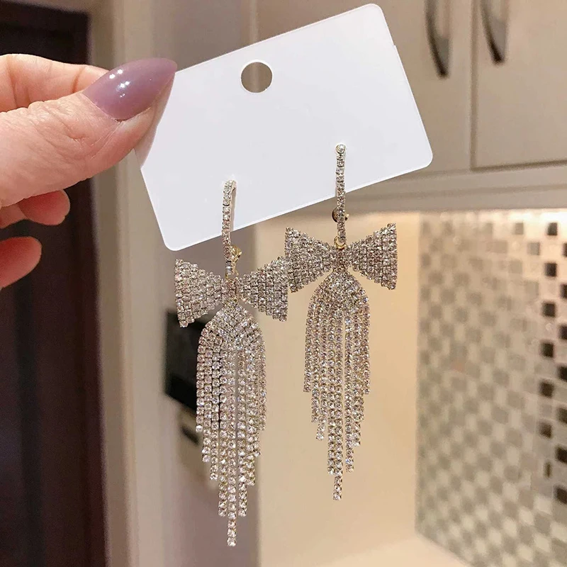 Rimiut Long Tassel Bow Heart Exaggerated Rhinestone Fashion Tassel Earrings Wedding Party Jewelry for Women Fine Jewelry