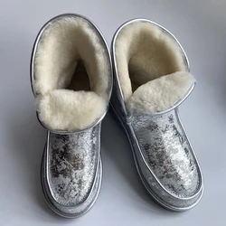 New Fashion Women Snow Boots Round Toe Winter Flats Designer Ankle Boots Luxury Wool Short Boots Ladies Fluffy Shoes Gray Silver