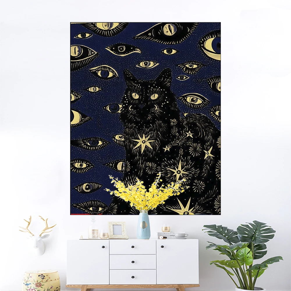 Black Cat Coven Bohemian Carpets  Wall Hanging Printed Witchcraft Hippie Mandala Art Carpet Aesthetic Household Decor