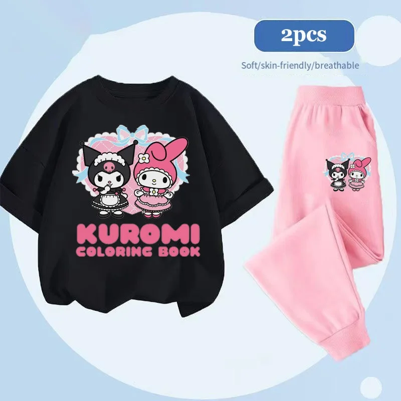 Anime Sanrioed My Melody Kuromi Boys Girls Short Sleeve Pants Suit Cotton Cartoon T-Shirt Casual Tops Summer Children's Clothes