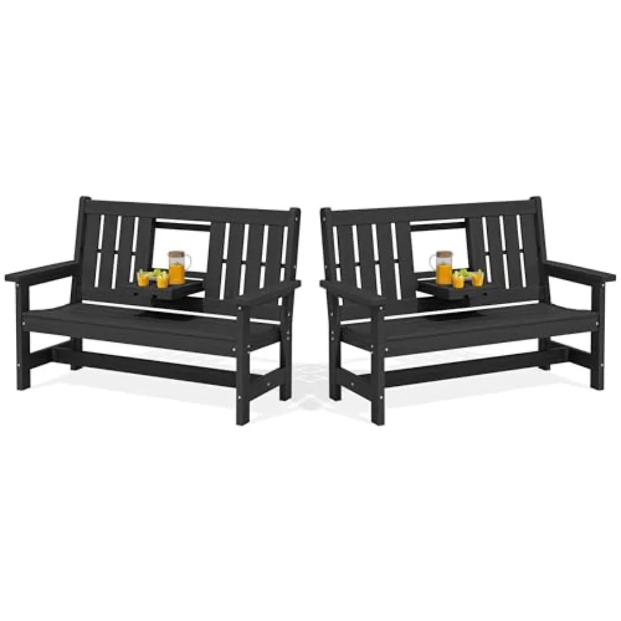 

Outdoor Bench with Cup Holder, Oversized 58" HDPE Porch Bench Suitable for 3 Person, All Weather Patio Benches with High Backre