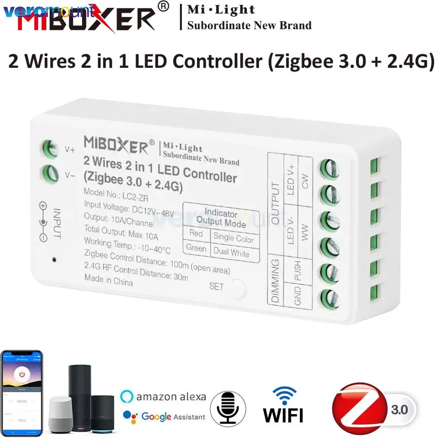 

MiBoxer ZigBee 3,0 + 2,4G 2-проводной контроллер цветной температуры COB Tuya 2,4G Одноцветный контроллер двойной белой светодиодной ленты