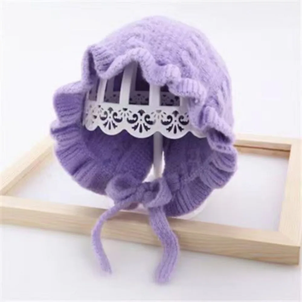 

Cute Autumn and Winter Infant Hat Adjustable Lace Edge Knitted Hat Ear Protection Warm Woolen Hat 0-2Years