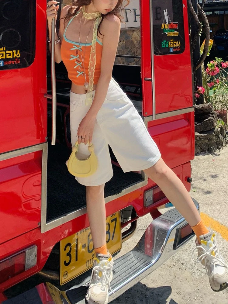 

Повседневные джинсовые шорты FINEWORDS с высокой талией для женщин, корейские летние винтажные широкие джинсовые шорты свободного кроя, легко сочетающиеся, пляжные, средней длины