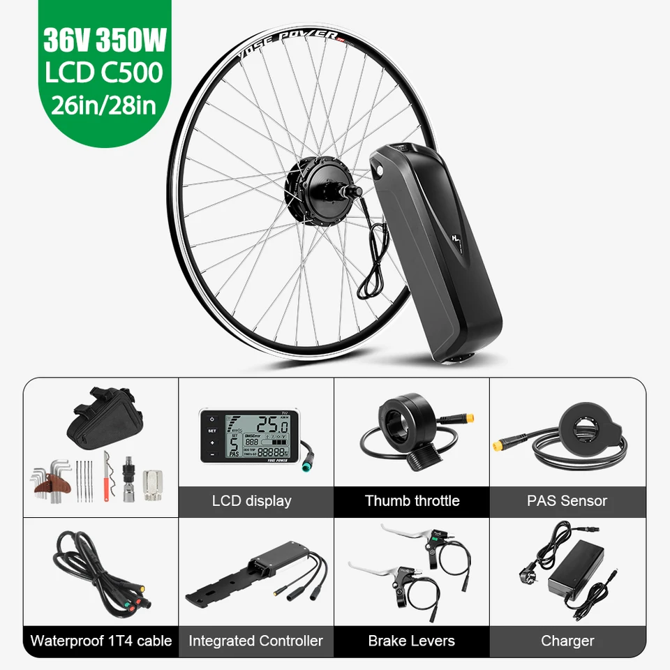 バッテリー付き電動自転車変換キット,リアハブモーター,36V, 350W, 36V