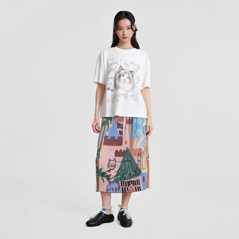 MOVEUP Round Neck Short Sleeve Women's T-Shirt 2026 Spring New Cartoon Letter Cat Drop Shoulder Loose Top for Women 3ELC10551