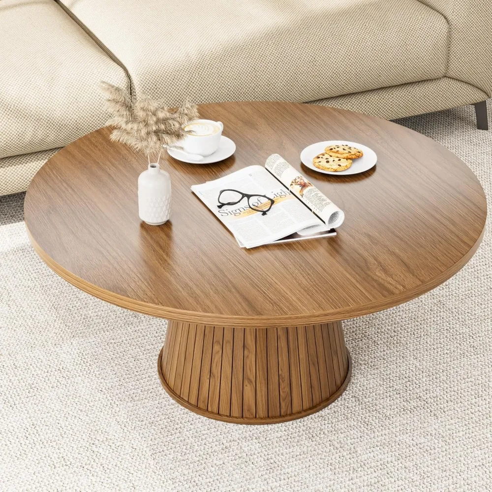 Fluted Round Coffee Table, Mid Century Modern Coffee Table, Small Walnut Circle Center Table, Brown, Farmhouse Wood, for Living