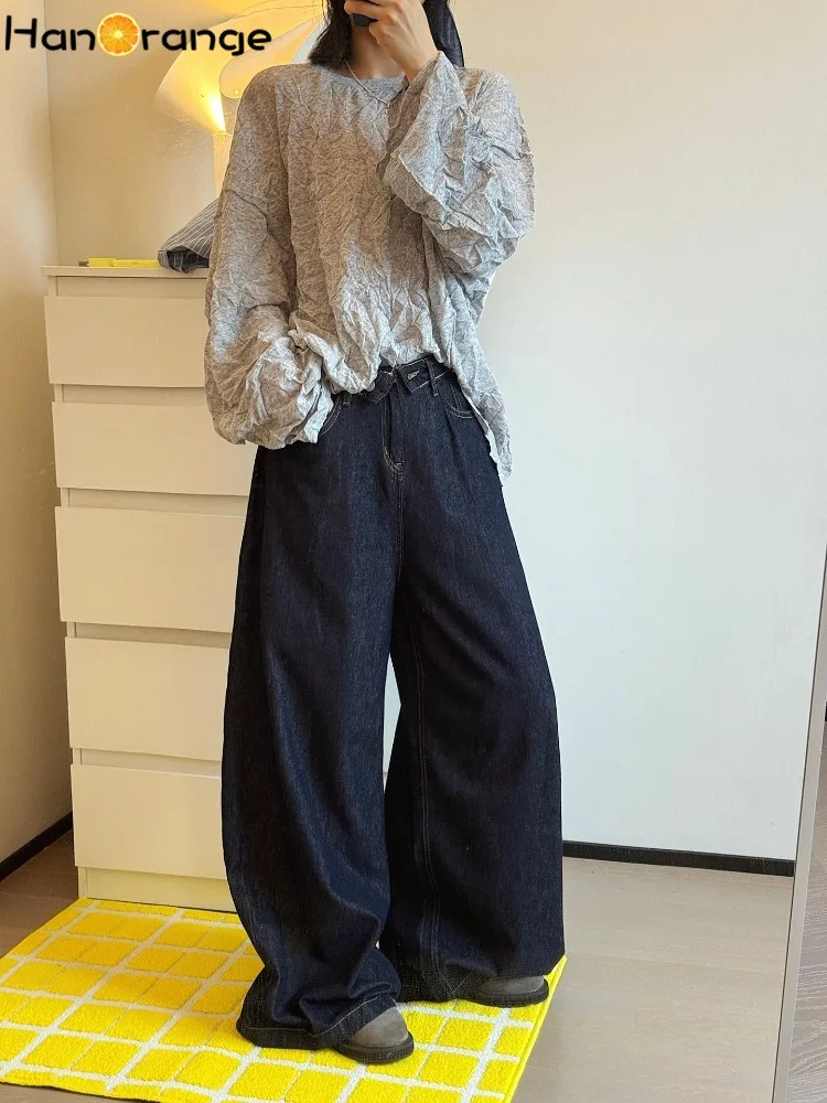 HanOrange Ladies Fold Over Cuffs Waistband Wide Leg Jeans Vintage Baggy Denim Pants Casual Street Trousers Raw Denim