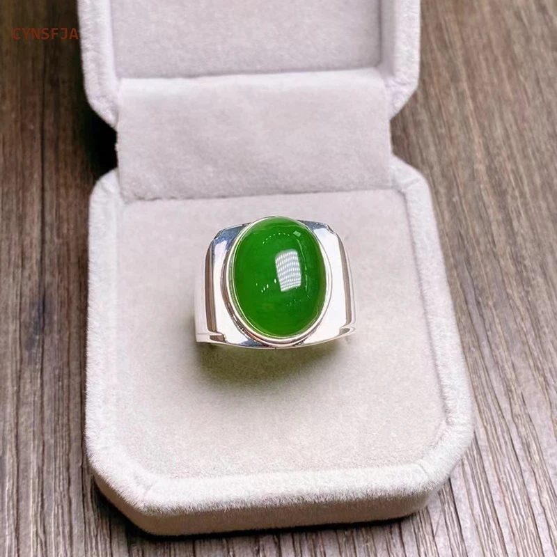 

CYNSFJA New Real Certified Natural Hetian Nephrite Jasper Silver Men's Lucky Green Jade Rings Adjustable High Quality Bless Gift