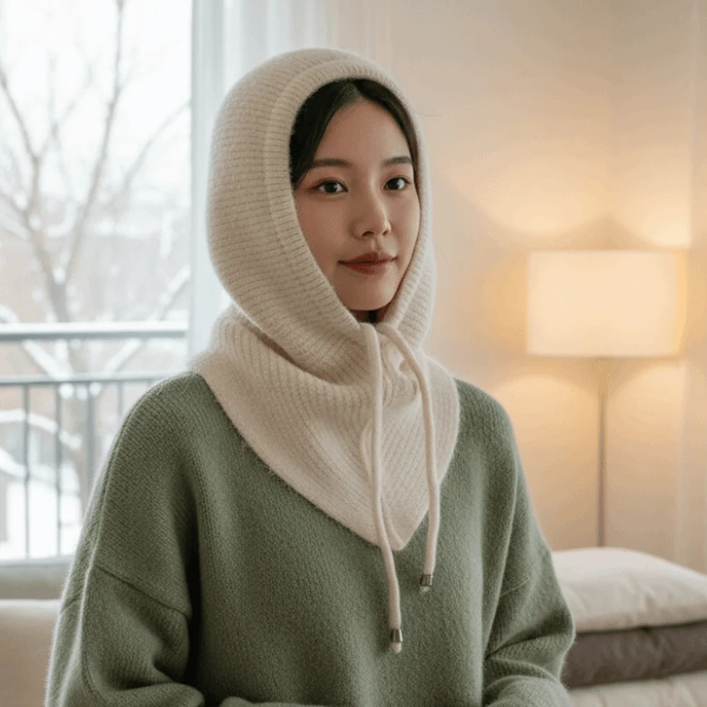 Trendy Style Winter Balaclava Hat Thick Yarn Soft Texture Cute Knit Hood Cozy Fleece Plain Color Integrated Scarf Cap