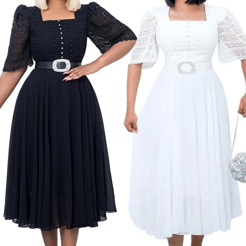 

Women Elegant A Line Dress Chiffon Midi Short Sleeves Square Collar High Waist Modest Summer Gowns Classy Black White Robes New