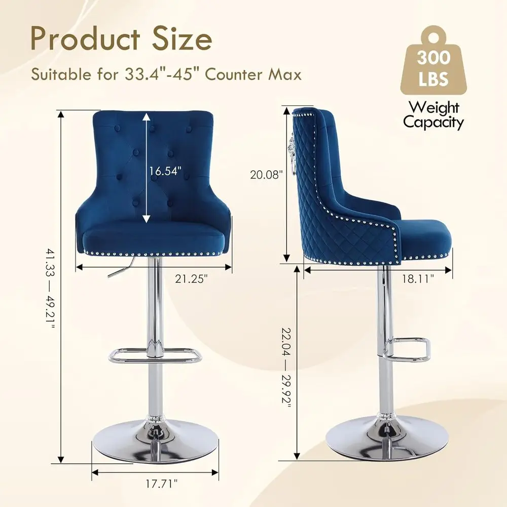 Set of 4 Velvet Swivel Bar Stools with Lion Pull Ring, Upholstered High Back Counter Height Chairs, Modern Adjustable Kitchen Is