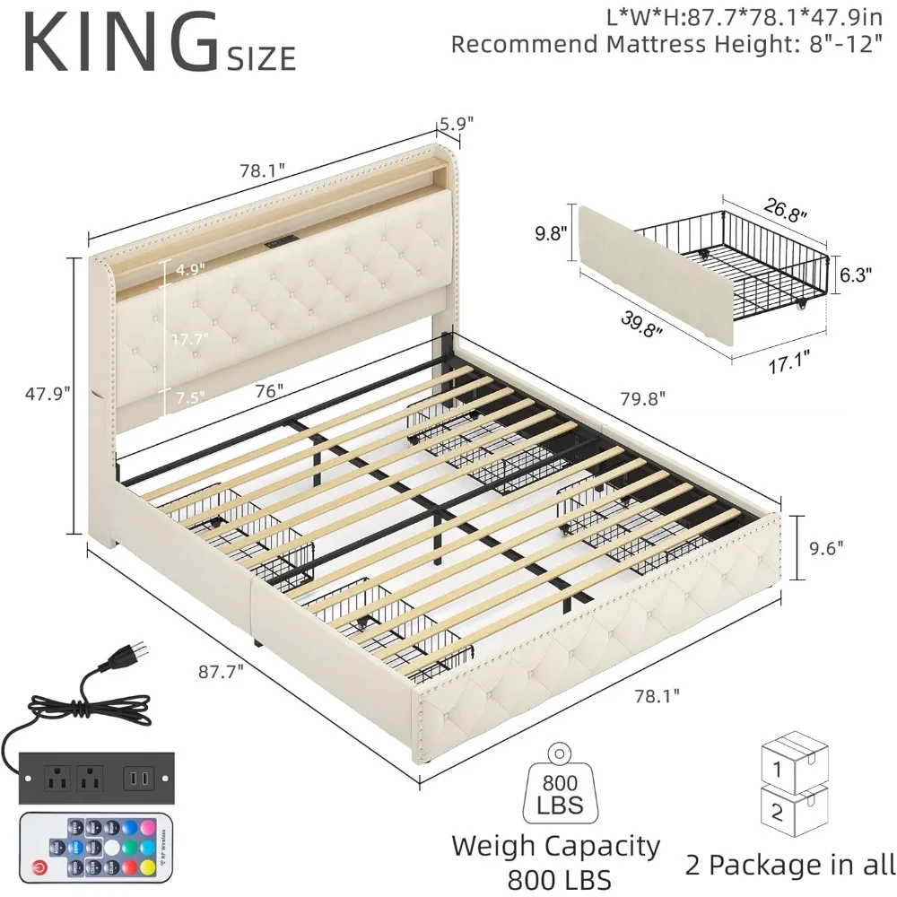 King Bed Frame with Large Storage Space and LED Lights and Charging Station, with Drawers,Upholstered Bed Frame image 5